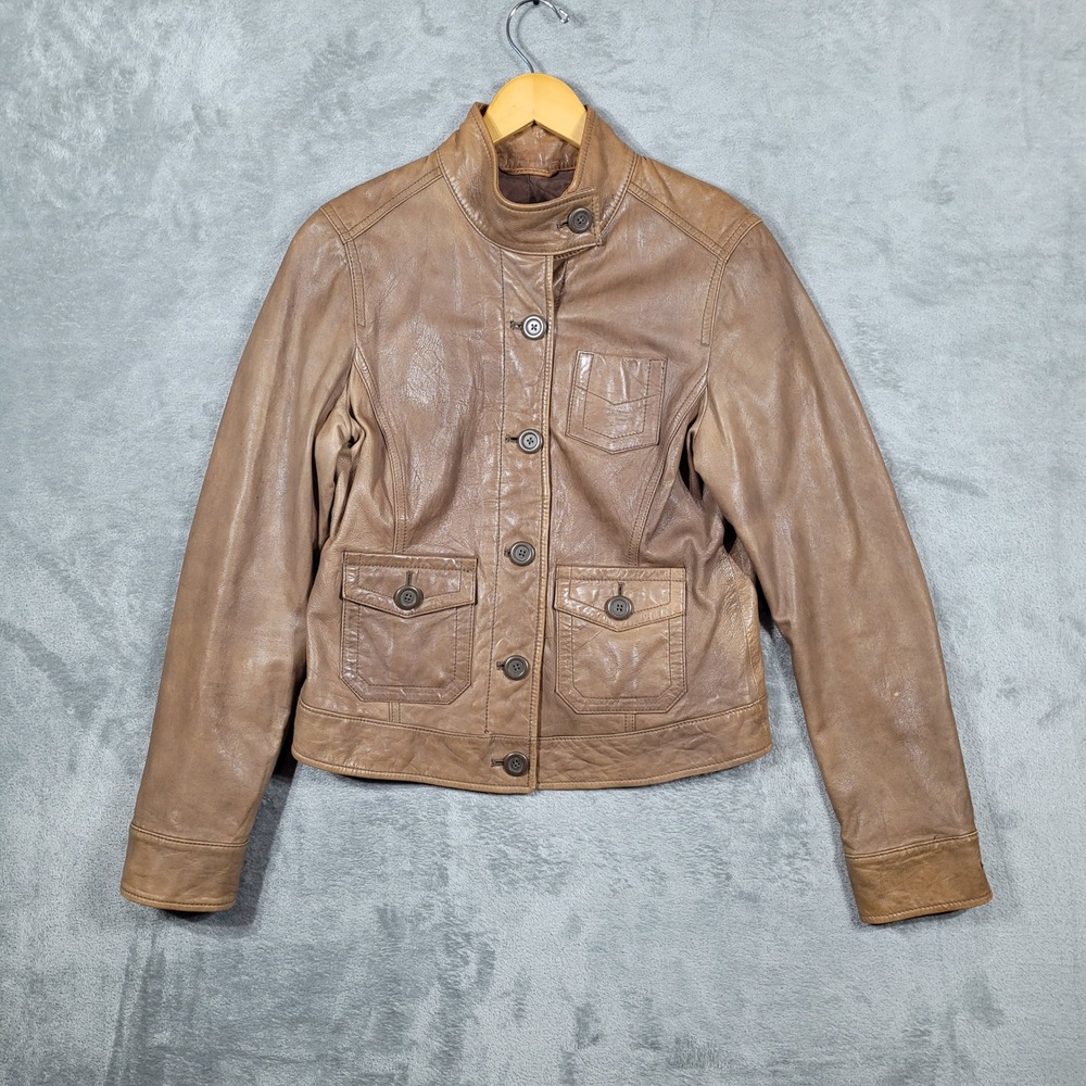 Vintage Y2K Gap Leather Jacket Womens Medium Brown Button Front Mock Neck